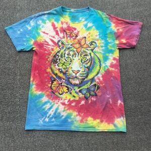 Social Media Tie Dye Tiger Graphic Shirt Medium Crewneck Butterfly Rainbow